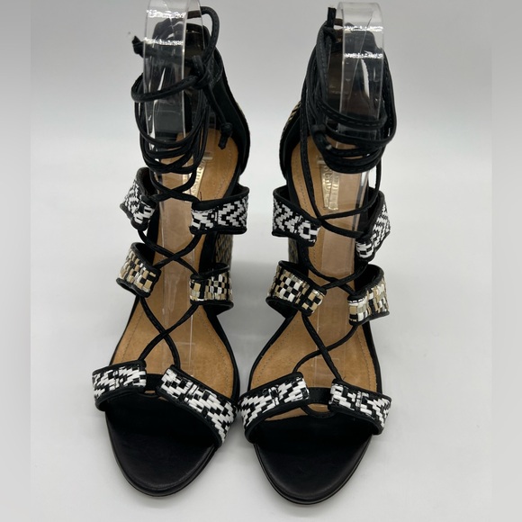 Schutz Woven Raffia Block Heel Lace-Up Strappy Sandals Black/White Sz 7 - Picture 2 of 16